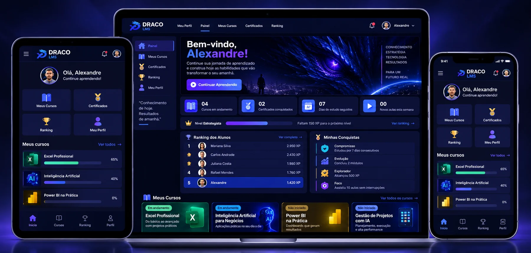 Draco LMS exibido em tablet, notebook e celular, com painel do aluno, ranking, conquistas e cursos.