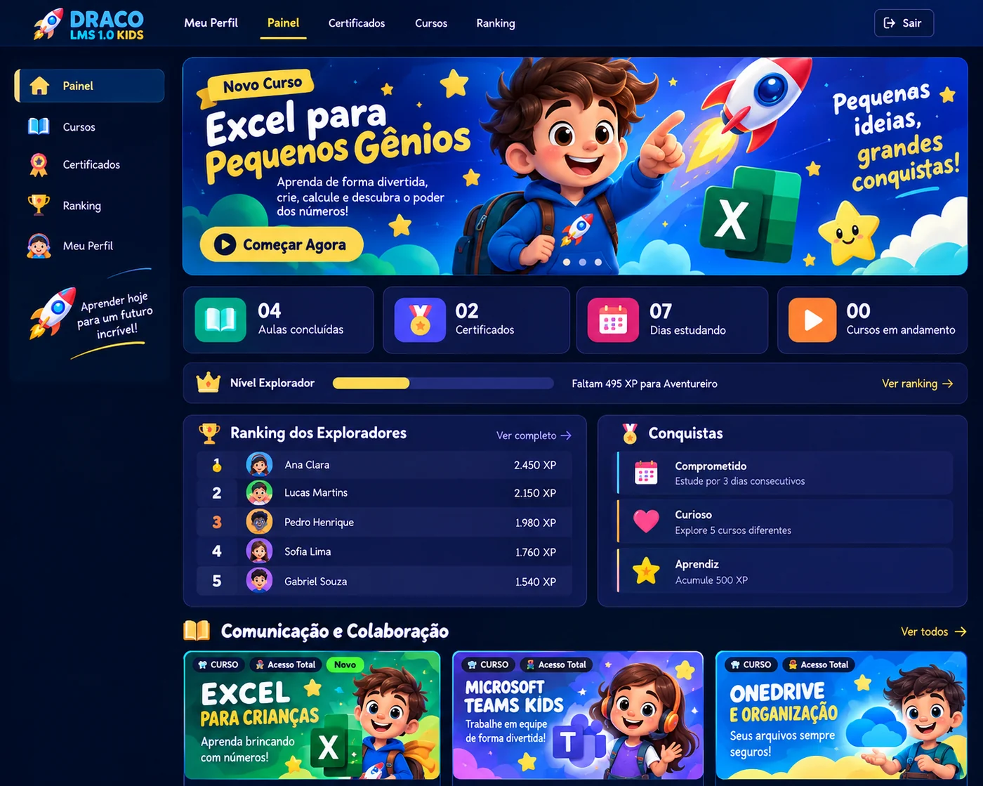 Painel do Draco LMS Kids com curso em destaque, nível de explorador, ranking e conquistas.